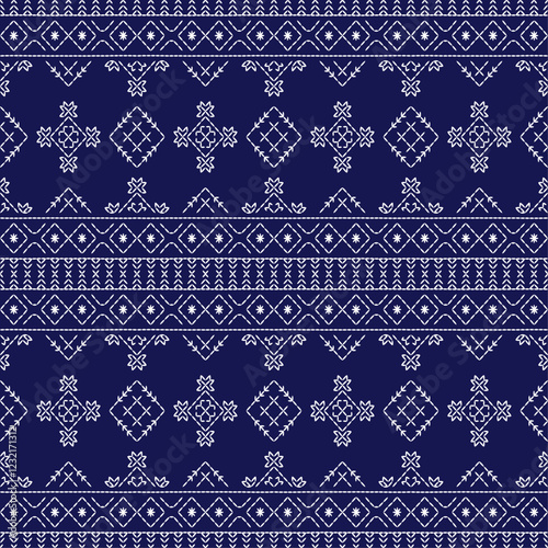 Sashiko Japanese stitch embroidery ethnic abstract artwork seamless geometric pattern printed background fabric wallpaper hand drawn line indigo white template
