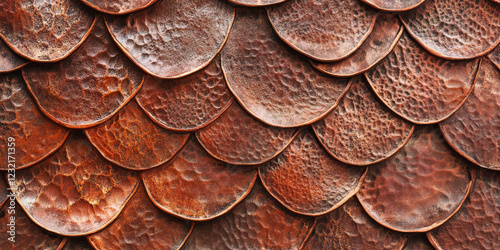 Copper metal texture of dragon scales, with intricate, organic patterns that catch the light. The warm, reddish hue of the copper creates a rustic, mythical feel, ideal for fantasy-themed art. photo