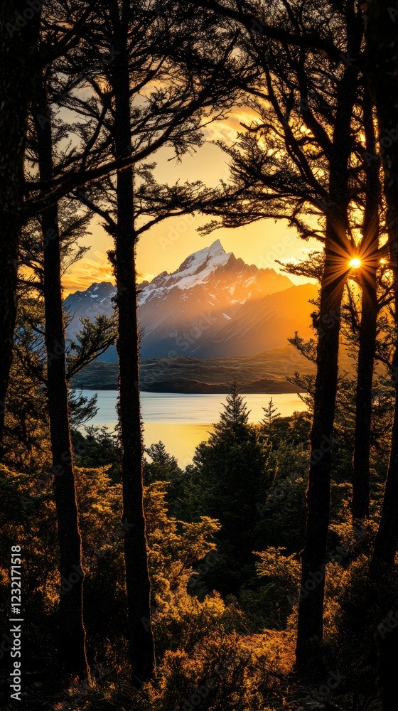 Sun shining through trees at sunrise over Lake Wakatipu and mountain range in Queenstown, New Zealand Sun shining through trees at sunrise over Lake Wakatipu and mountain range in Queenstown, New Zealand