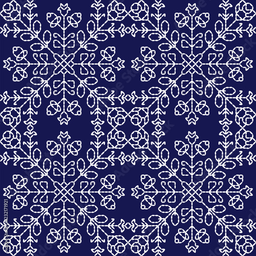 Sashiko Japanese stitch embroidery ethnic abstract artwork seamless geometric pattern printed background fabric wallpaper hand drawn line indigo white template

