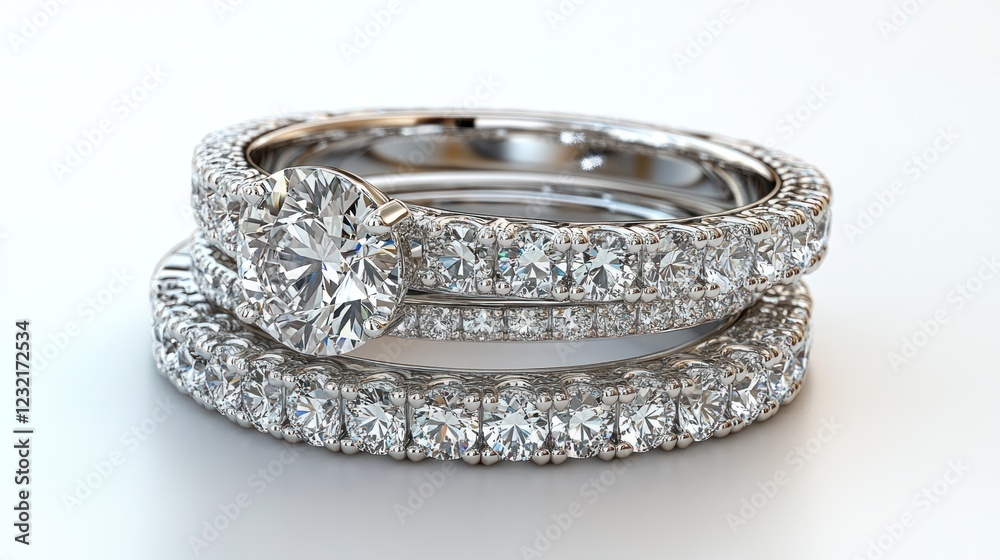 3D illustration of three different white gold or silver diamond rings with reflections, showcasing luxury 3D illustration of three different white gold or silver diamond rings with reflections, showcasing luxury