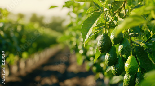 lush garden filled with avocado trees bearing green fruit, showcasing nature bounty and tranquility