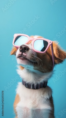 Cute puppy wearing pink sunglasses, looking upward with playful expression against bright blue backdrop