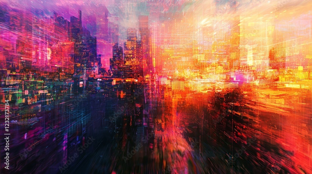 Colorful Urban Skyline with Vibrant Light Patterns at Dusk Colorful Urban Skyline with Vibrant Light Patterns at Dusk