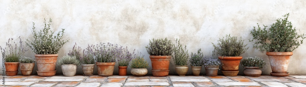Rustic Charm An Outdoor Tiled Area Displaying a Collection of Variously Sized Clay Pots Filled with Aromatic Herbs and Lavender, Showcasing a Warm Earthy Palette and a Naturally Organized Arrangement Rustic Charm An Outdoor Tiled Area Displaying a Collection of Variously Sized Clay Pots Filled with Aromatic Herbs and Lavender, Showcasing a Warm Earthy Palette and a Naturally Organized Arrangement