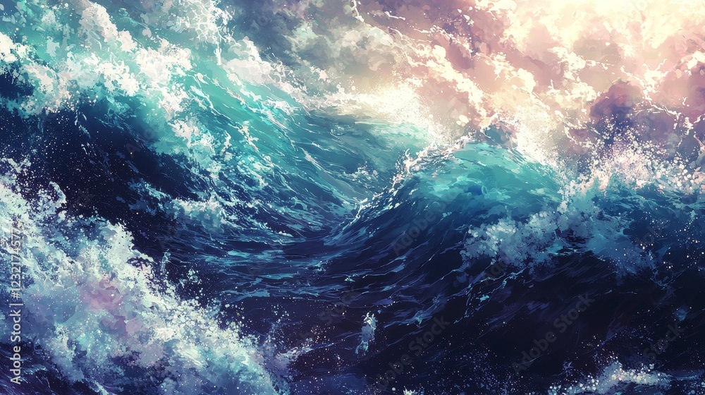 Fototapeta premium Luminous Waves Crashing with Colorful Reflections Under a Bright Sky