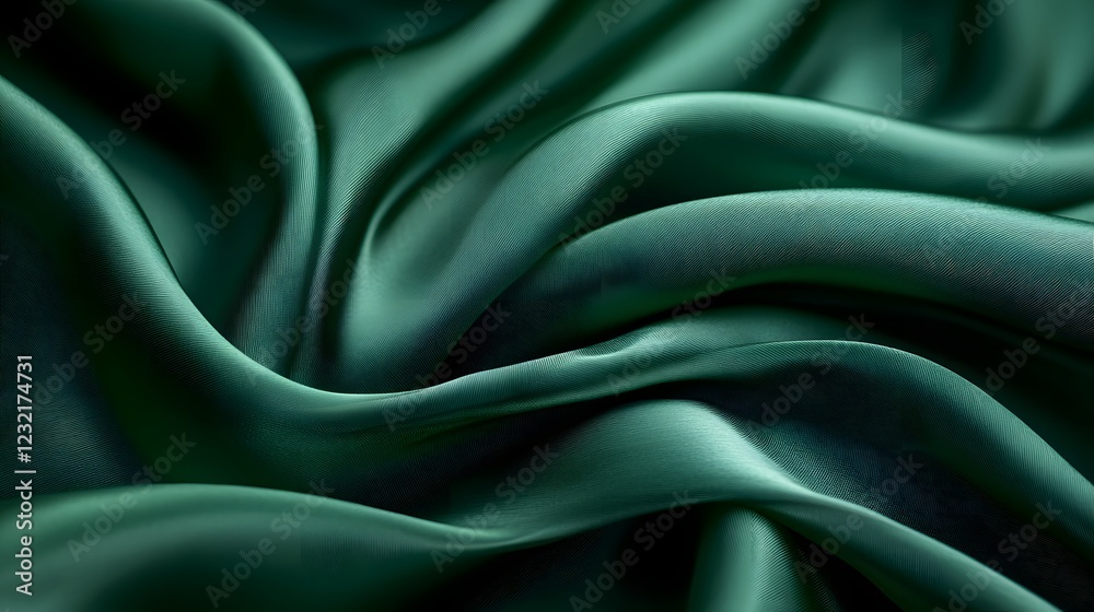 Fototapeta premium Emerald Silk Drape: Luxurious emerald green silk fabric, elegantly draped and flowing, showcasing its rich texture and subtle sheen. The image evokes a sense of sophistication, elegance, and luxury.