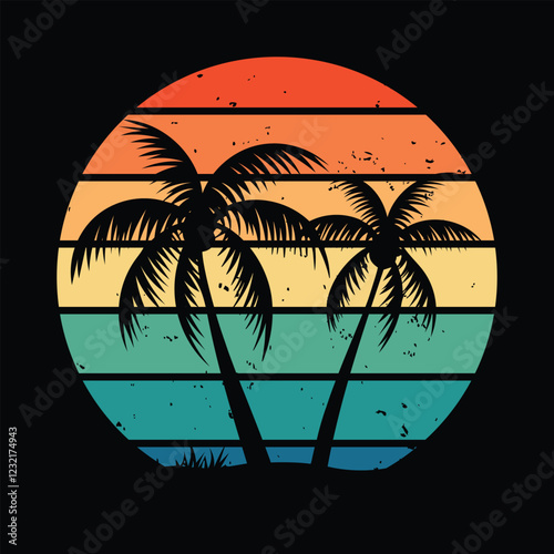 Retro Tropical Palm Trees Silhouette with Vibrant Sunset Gradient