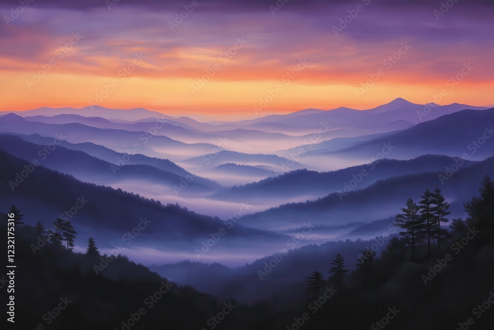 misty mountain peaks at dawn, painted in warm oranges and cool purples, low clouds drifting through valleys below misty mountain peaks at dawn, painted in warm oranges and cool purples, low clouds drifting through valleys below