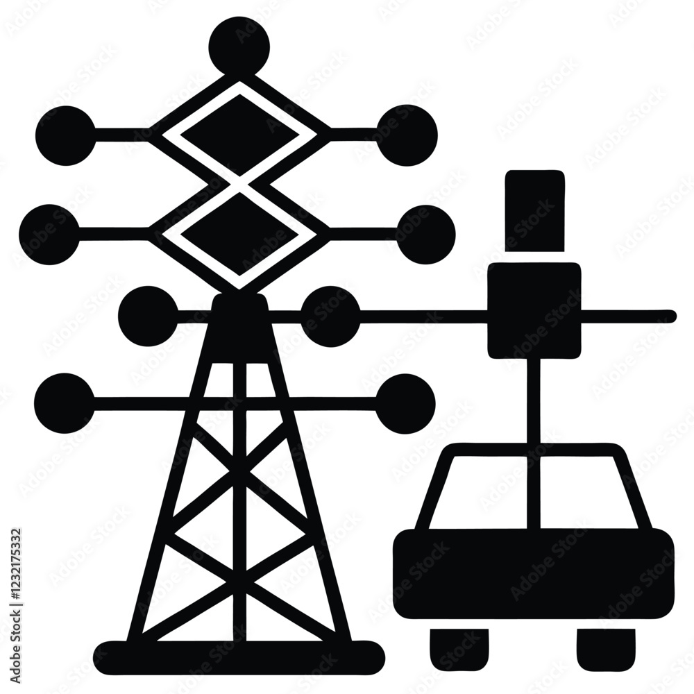 Smart grid with EVs connected simple flat silhouette on white background Smart grid with EVs connected simple flat silhouette on white background