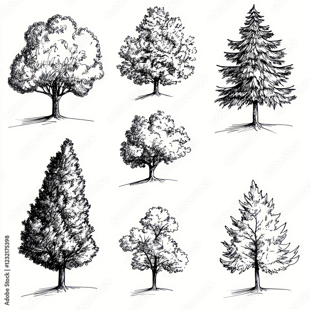 Fototapeta premium Six Ink Drawings of Various Tree Types