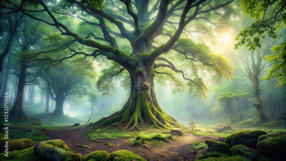Misty forest landscape with ancient tree in foreground and soft blur effect , serene environment Misty forest landscape with ancient tree in foreground and soft blur effect , serene environment