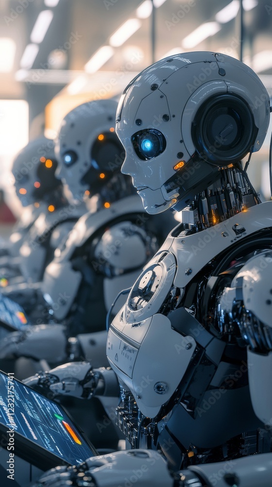 Robotic humanoids working at computer terminals inside sleek data center, processing digital information with synchronized precision Robotic humanoids working at computer terminals inside sleek data center, processing digital information with synchronized precision