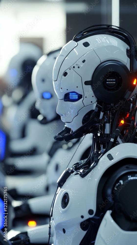 Fototapeta premium Futuristic humanoid robots with glowing blue eyes working together in a server room, concept of artificial intelligence and automation