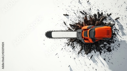 A powerful chainsaw cutting through wood, surrounded by flying debris in a clean, bright environment photo