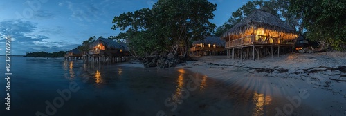 A serene tropical beach setting featuring a wooden bungalow nestled amidst verdant foliage, beckoning you to relax and enjoy the natural beauty. photo