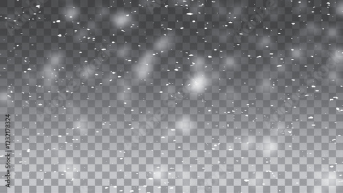Winter snowfall effect of falling white snow flakes and shining, New Year snowstorm or blizzard realistic backdrop. 
