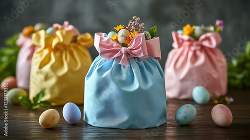 A collection of fabric Easter baskets filled with colorful eggs, dried flowers, and pastel ribbons, resting on a wooden surface photo