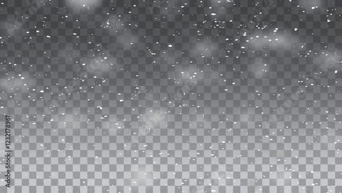 Snow and snowflakes on transparent background. Winter snowfall effect of falling white snow flakes and shining, New Year snowstorm or blizzard realistic backdrop.