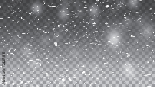 Snow and snowflakes on transparent background. Winter snowfall effect of falling white snow flakes and shining, New Year snowstorm or blizzard realistic backdrop.