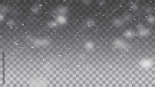 Snow. Vector heavy snowfall, snowflakes in various shapes and forms. Many white cold flakes elements on a transparent background. Vector illustration