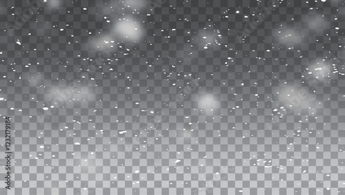 Snow and snowflakes on transparent background. Winter snowfall effect of falling white snow flakes and shining, New Year snowstorm or blizzard realistic backdrop.