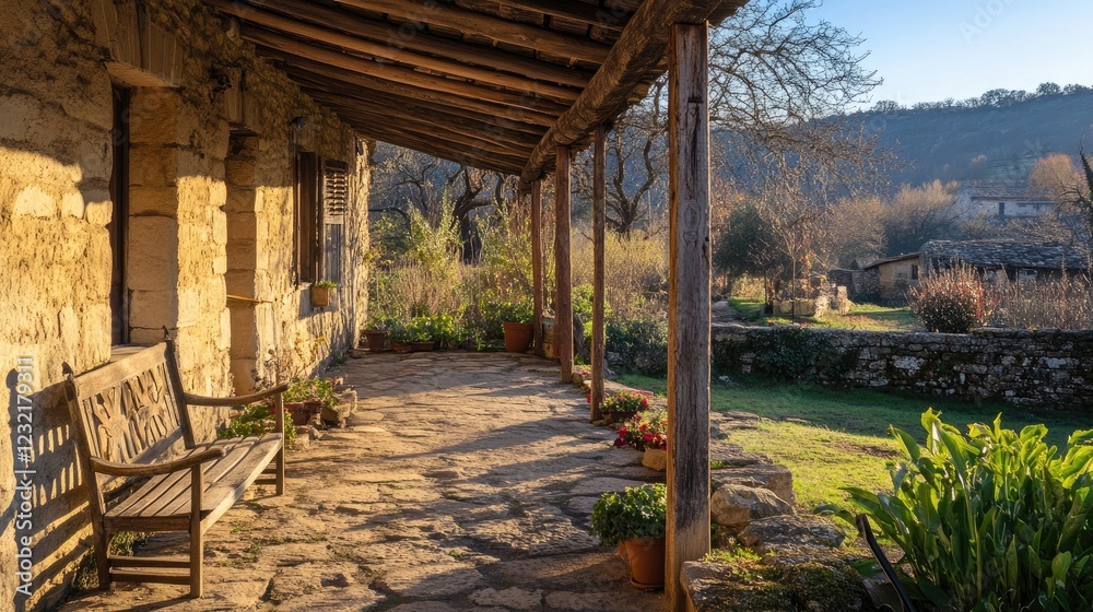 Sunlit Rustic Porch of a Rural Stone House with Lush Garden Views Sunlit Rustic Porch of a Rural Stone House with Lush Garden Views