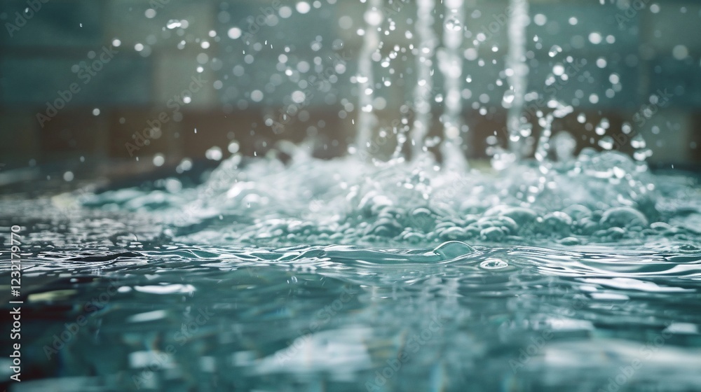 Close-up of water droplets splashing in a serene pool, creating ripples and bubbles Close-up of water droplets splashing in a serene pool, creating ripples and bubbles
