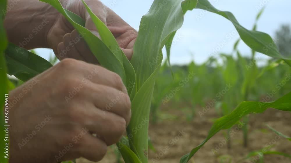 Close-up Male Farmer Hands Checking Inspecting Quality of Plants of Organic Corn in Field. Harvesting Agriculture Harvest Farming no GMO Ecology Bio Product, Natural Products Environmental Protection. Close-up Male Farmer Hands Checking Inspecting Quality of Plants of Organic Corn in Field. Harvesting Agriculture Harvest Farming no GMO Ecology Bio Product, Natural Products Environmental Protection.