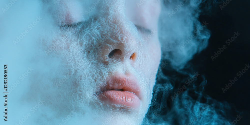 Fototapeta premium Human Face Partially Covered by Fibrous Material and Vapor