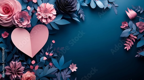 Beautiful Valentine's Day Background with Pink Love Heart. Paper Cut Flowers Design with copy-space.