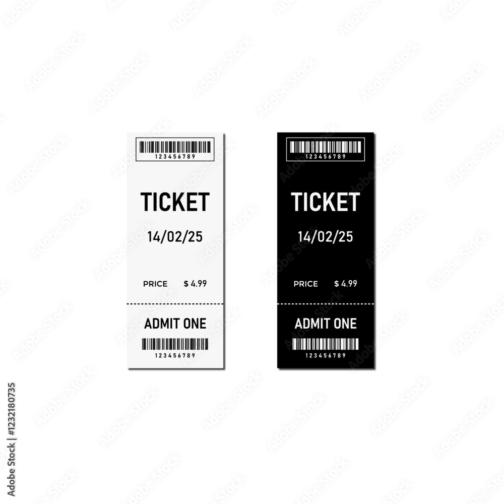 Template of two black and white tickets with a tear-off part. Vector illustration of tickets with a barcode image and the inscriptions: price, ticket, admit one Template of two black and white tickets with a tear-off part. Vector illustration of tickets with a barcode image and the inscriptions: price, ticket, admit one