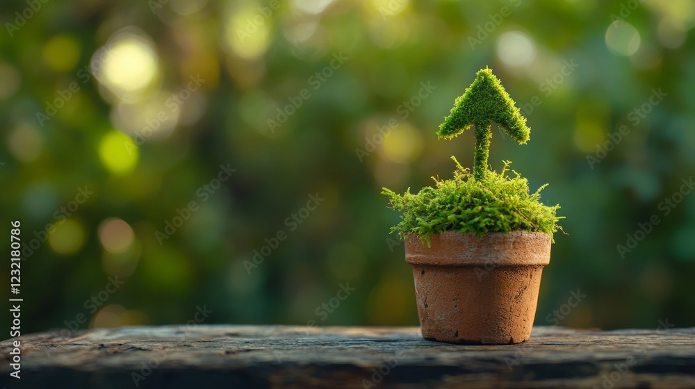Upward arrow made of moss growing in a terracotta pot over a wooden table representing business or economic success Upward arrow made of moss growing in a terracotta pot over a wooden table representing business or economic success