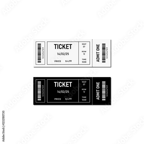 Two simple tickets with a tear-off part. Vector illustration of modern, realistic tickets with a barcode image and inscriptions: price, ticket, admit one, set, row, time