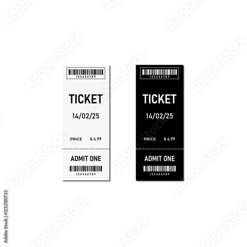 Template of two black and white tickets with a tear-off part. Vector illustration of tickets with a barcode image and the inscriptions: price, ticket, admit one