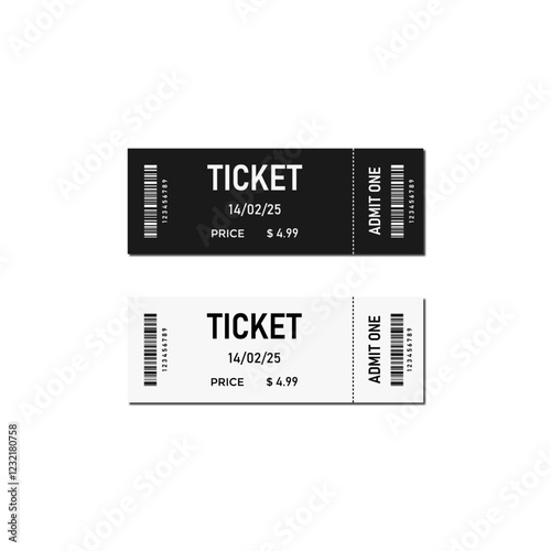 Two black and white tickets with a tear-off part. Vector illustration of modern, realistic tickets with a barcode image and inscriptions: price, ticket, admit one