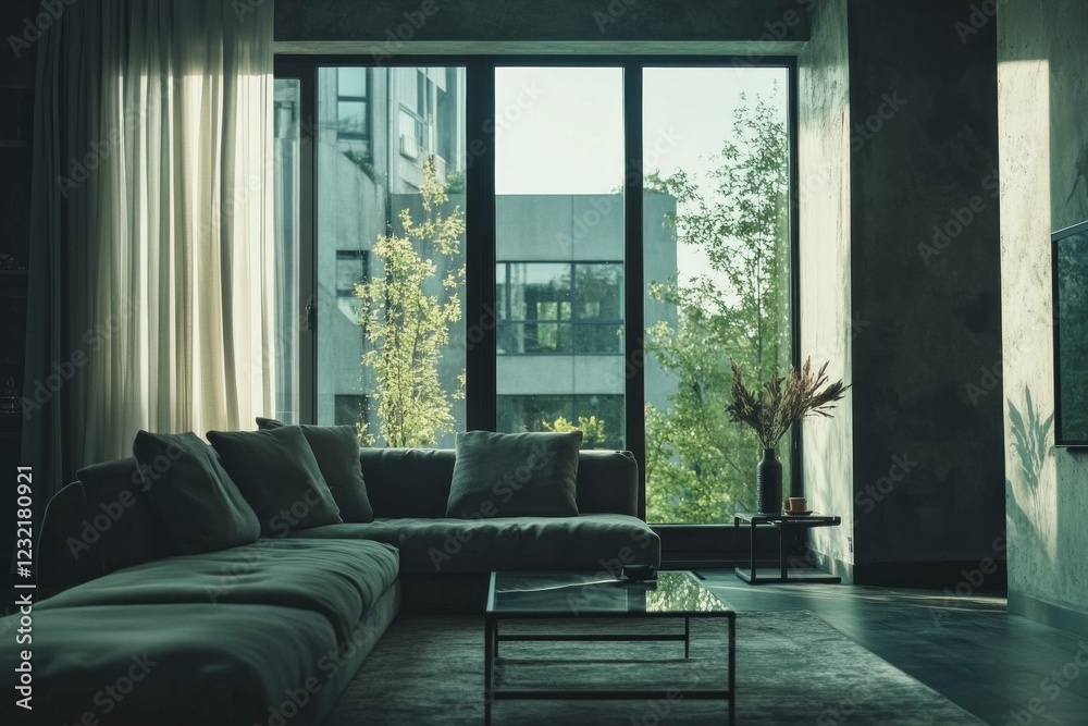 Fototapeta premium Modern living room interior design featuring a cozy sofa, natural light, and greenery for a tranquil home atmosphere
