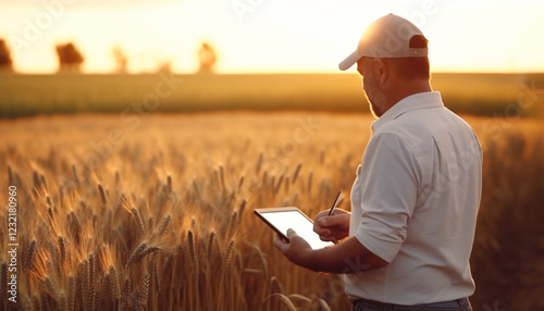 Caucasian farmer checking wheat field progress