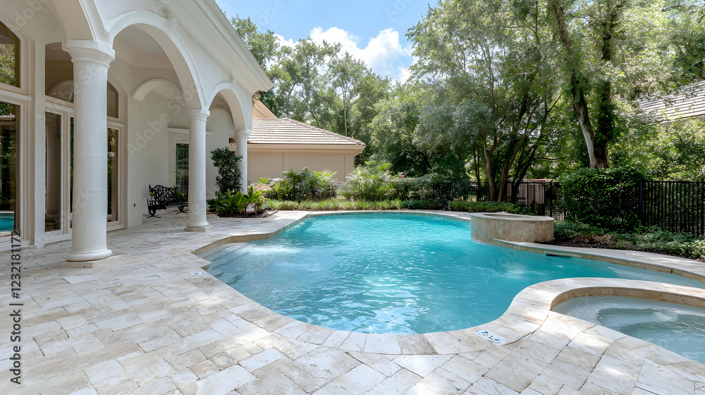 Fototapeta premium Luxury poolside patio, tranquil backyard, summer day. Real estate listing image