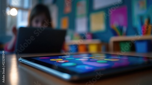 Child's Tablet in Blurred Classroom Background