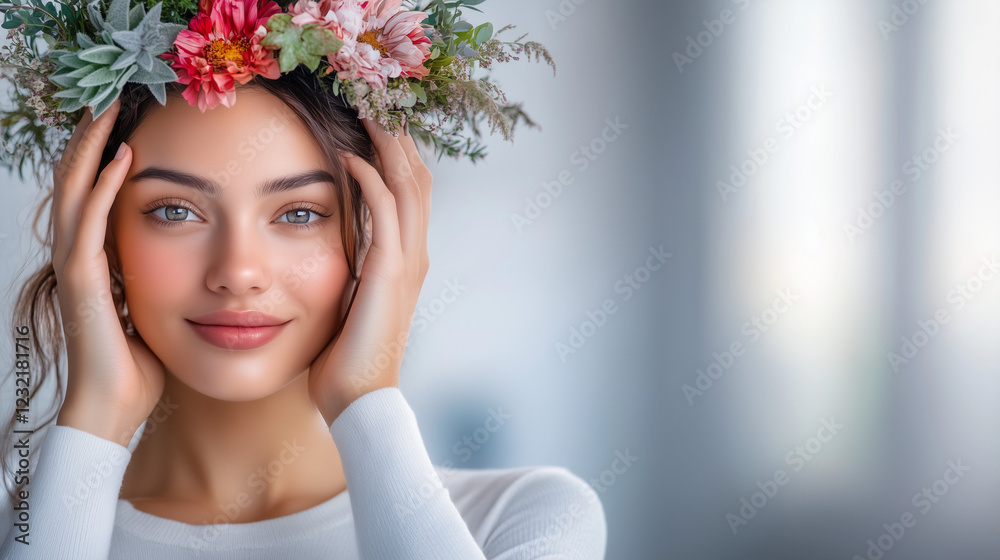 Brunette Woman Wearing Floral Wreath on Head, Serene Portrait with Copy Space, Nature-Inspired Beauty and Soft Elegance. Brunette Woman Wearing Floral Wreath on Head, Serene Portrait with Copy Space, Nature-Inspired Beauty and Soft Elegance.