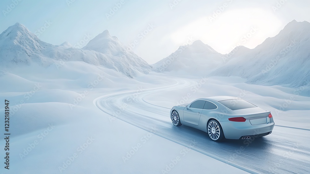 Fototapeta premium Winter Drive: Luxury Car on Snowy Mountain Road