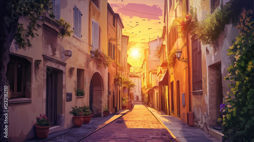 Sunset on Italy old town street cartoon vector illustration. Italian vintage house architecture and condominium apartment facade cityscape. Mediterranean suburban europe district for summer holiday