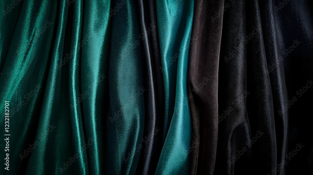 Obraz premium Emerald and Midnight: Luxurious Draped Fabric in Teal and Black: A rich, textured image showcasing the elegant folds and deep colors of teal and black silk or satin fabric. Perfect for backgrounds.