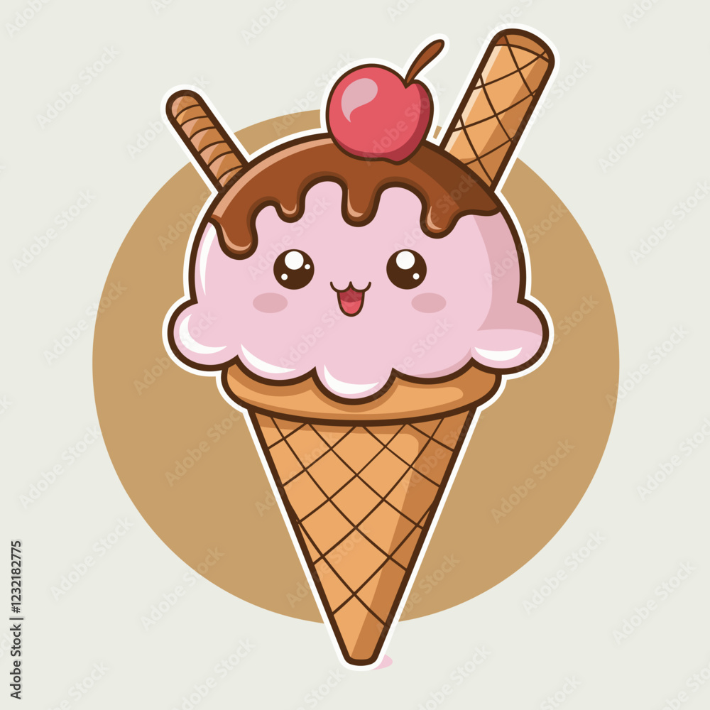 Kawaii Ice Cream Cone with Cute Face Kawaii Ice Cream Cone with Cute Face