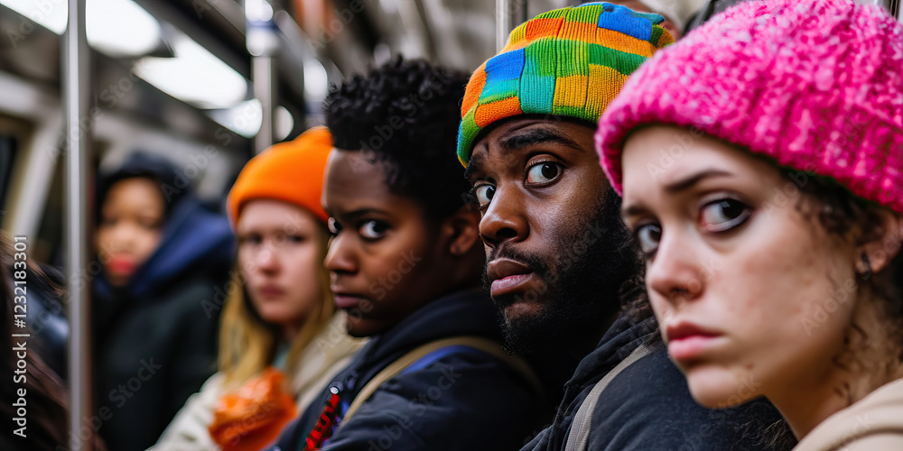 Fototapeta premium Four Young Adults on Public Transportation