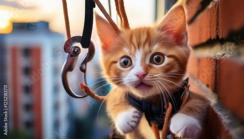 Cute anthropomorphic kitten wearing a harness and climbing against a sunset backdrop in a vibrant urban setting photo