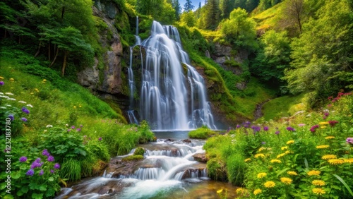 waterfall cascading down a lush green forest slope amidst dense foliage and wildflowers, scenic view, nature