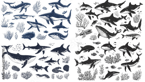 Ocean Giants: A captivating collection of hand-drawn sharks and whales, meticulously detailed in monochrome, swim amidst stylized coral reefs, creating a stunning underwater scene.  