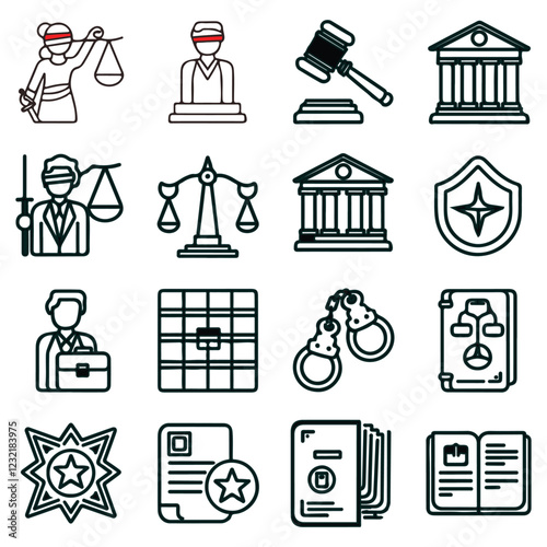 Court solid icons. Containing law, legal, justice, judgement solid icons collection. Vector illustration. For website design, logo, app, template, ui, etc